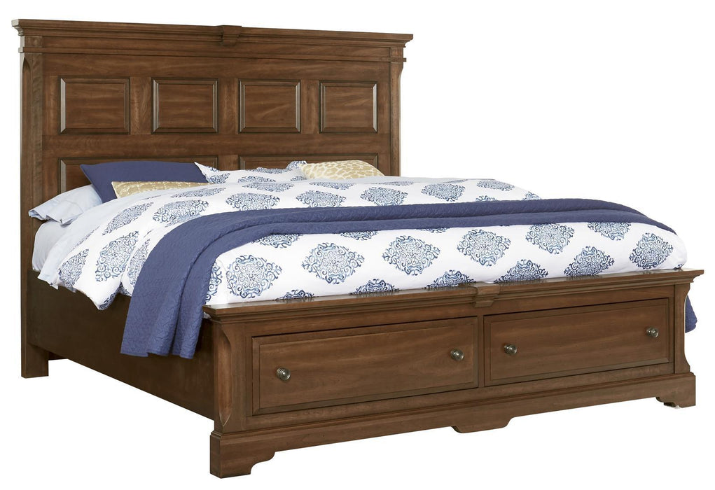 Vaughan-Bassett Heritage Queen Mansion Bed with Storage Footboard in Amish Cherry