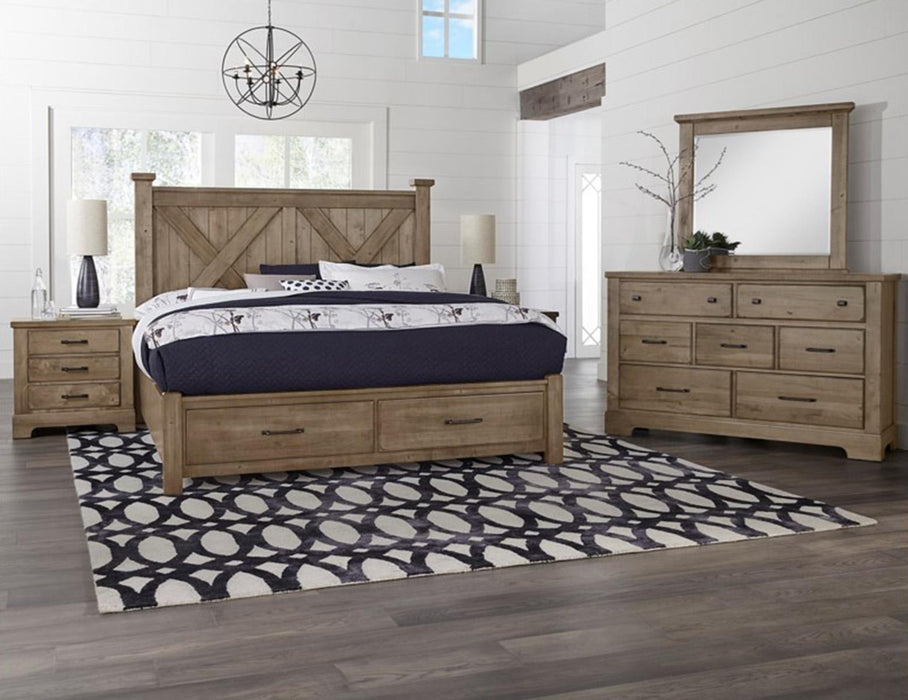 Vaughan-Bassett Cool Rustic Queen Barndoor X Headboard with Storage Footboard Bed in Stone Grey